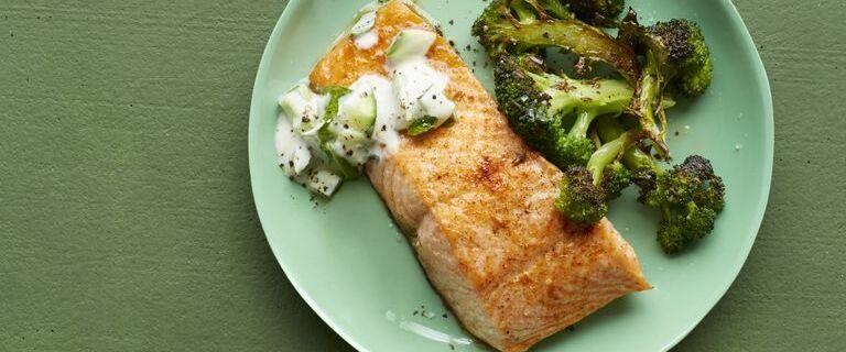 Spicy Salmon with Yogurt Sauce and Roasted Broccoli