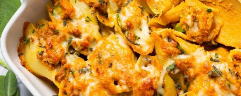 Cheesy Pumpkin and Spicy Sausage Stuffed Shells