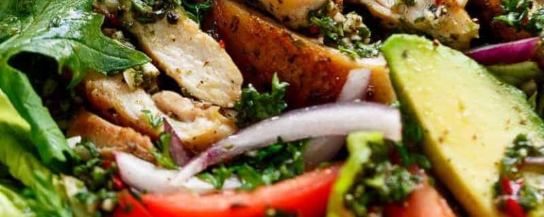 Grilled chimichurri chicken avocado salad