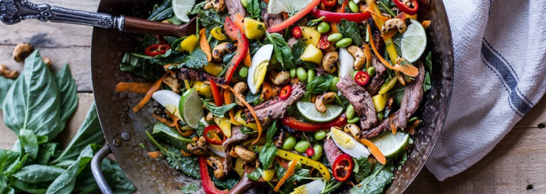 Thai steak salad w/sweet + spicy tahini dressing and sesame chili-lime cashews.