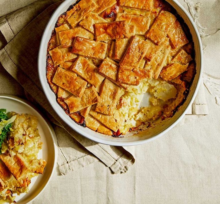 Cheesy potato patchwork pie