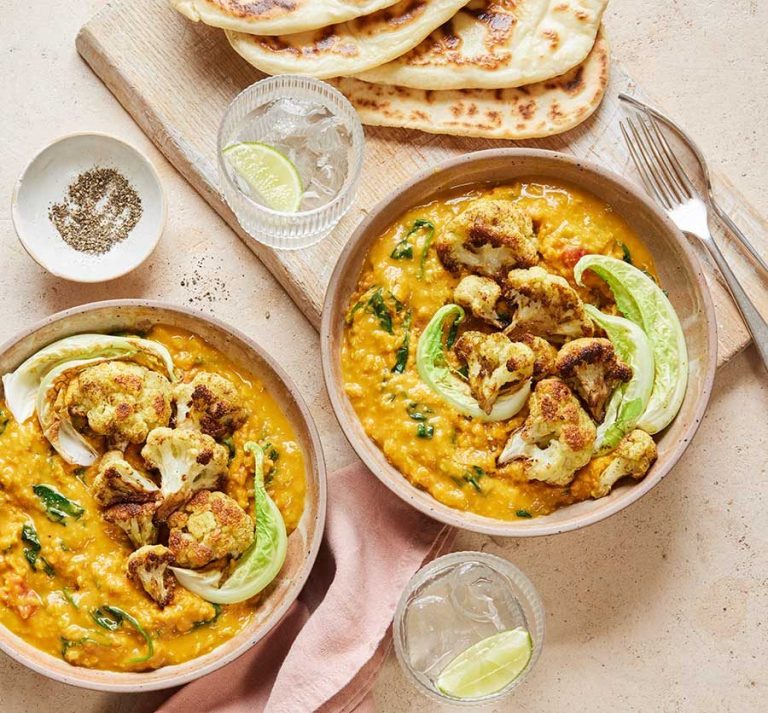 Roasted cauliflower dhal with homemade gluten-free naan
