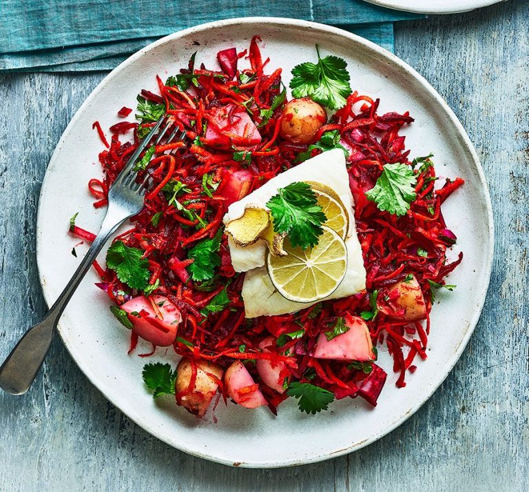 Roasted cod with zingy beetroot salad