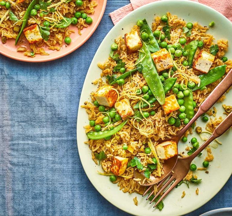 Throw together basmati rice, paneer, mangetout and peas to make this quick and easy veggie dinner for two. It’s a great choice for busy weeknights