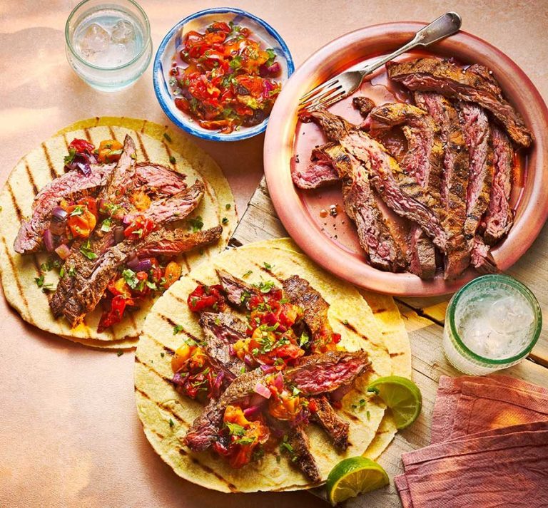 Bavette tacos with charred tomato salsa