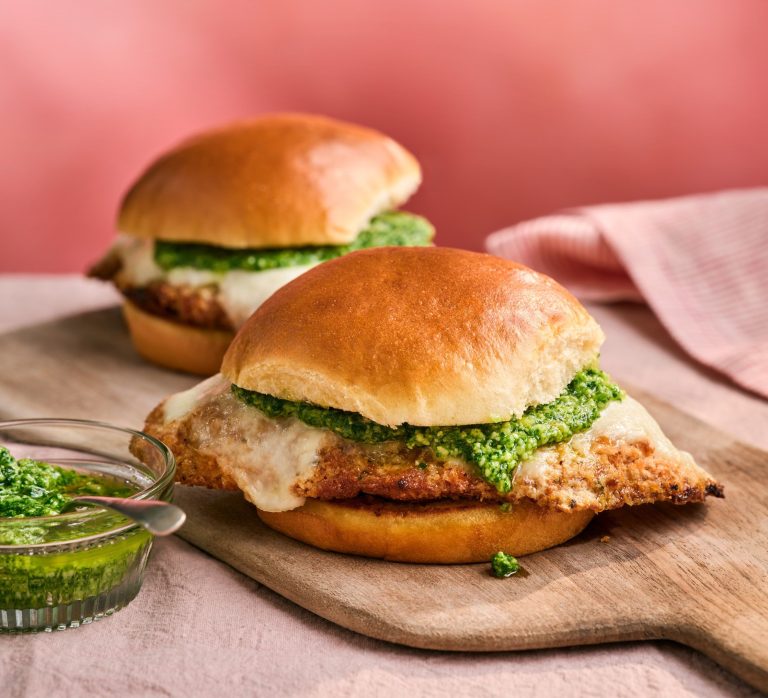 Chicken parmesan burgers with rocket pesto
