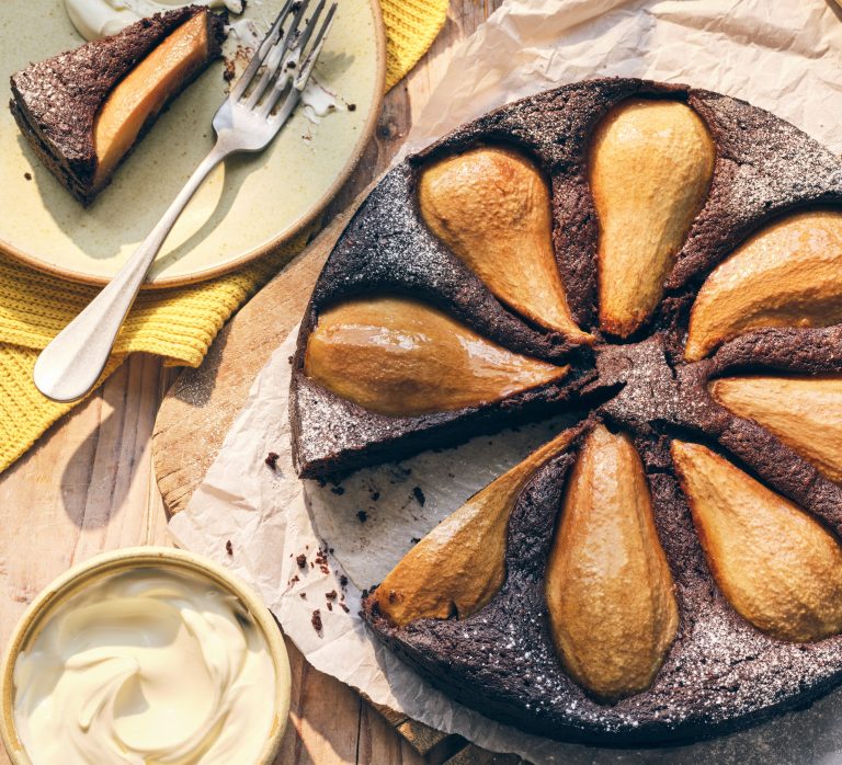 Gluten-free chocolate & pear pudding cake