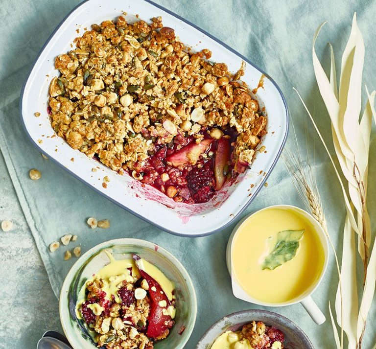 Pear & blackberry crumble with bay leaf custard