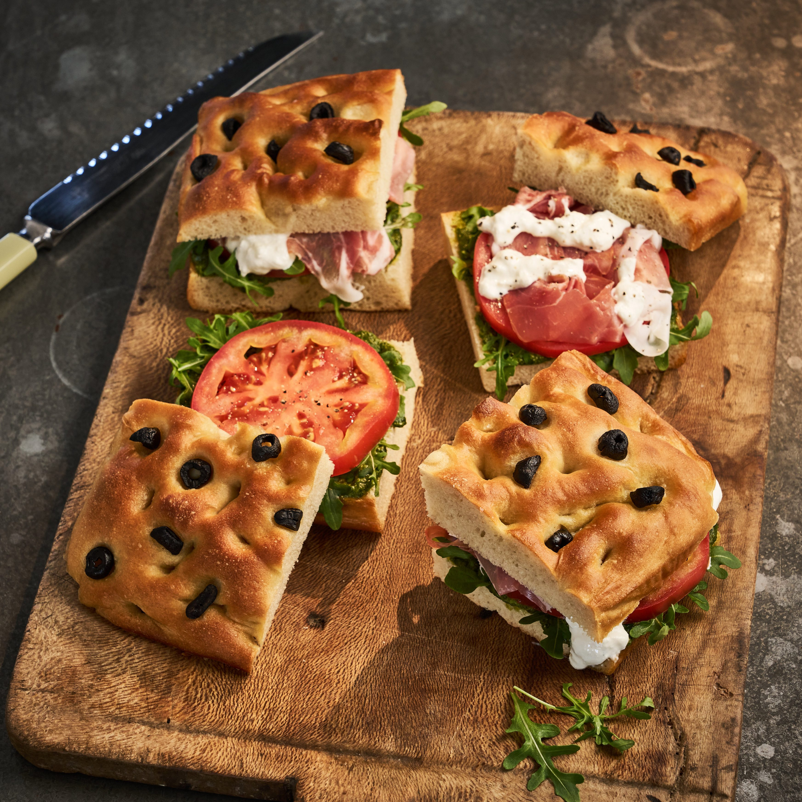 Burrata, Bresaola & pesto focaccia sandwich