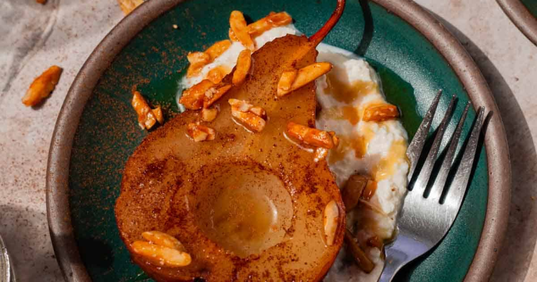 Baked Pears with Almonds, Honey and Ricotta