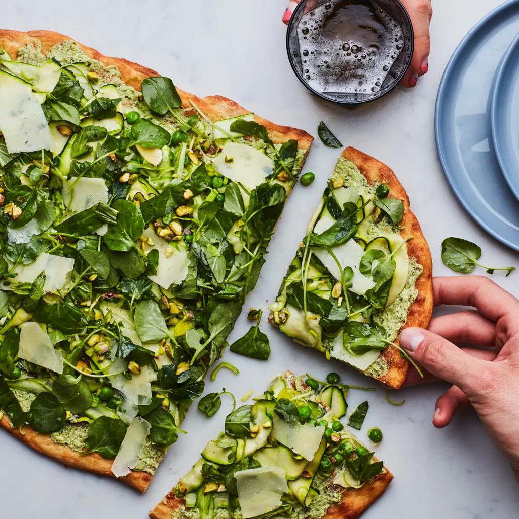 White Pizza With Shaved Vegetables and Pesto