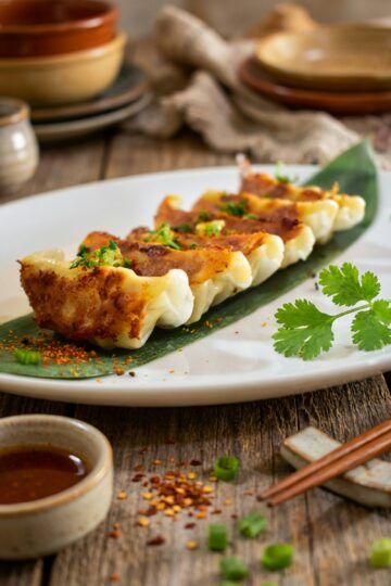Golden pan-fried shrimp dumplings with crispy bottoms served on a plate