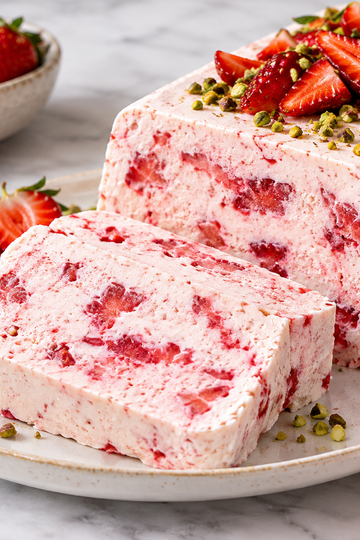 Sliced strawberry semifreddo loaf topped with fresh strawberries and chopped pistachios