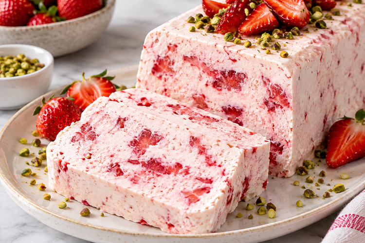 Sliced strawberry semifreddo loaf topped with fresh strawberries and chopped pistachios