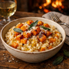 Creamy butternut squash risotto topped with roasted squash cubes, Parmesan and crispy sage in a rustic bowl