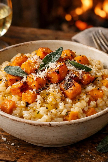 Creamy butternut squash risotto topped with roasted squash cubes, Parmesan and crispy sage in a rustic bowl