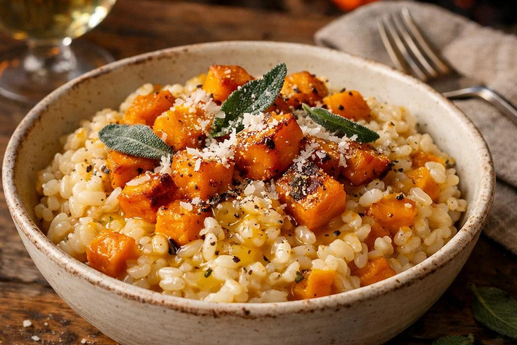 Creamy butternut squash risotto topped with roasted squash cubes, Parmesan and crispy sage in a rustic bowl